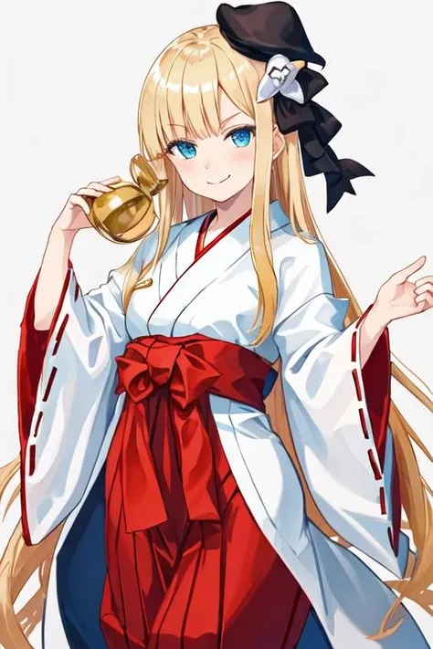 best quality, masterpiece, highres, solo, {white kimono:1.35}, {red hakama:1.35}, {wide sleeves:1.20}, {reines_fgo:1.15}, bangs, blonde_hair, long_hair, smile, hat, flower, blue_eyes, black_headwear, tilted_headwear, hair_ornament, blush, closed_mouth, hair_flower