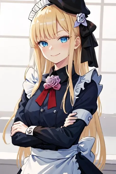 best quality, masterpiece, highres, solo, {maid:1.40}, {long maid dress:1.15}, {reines_fgo:1.15}, bangs, blonde_hair, long_hair, smile, hat, flower, blue_eyes, black_headwear, tilted_headwear, hair_ornament, blush, closed_mouth, hair_flower