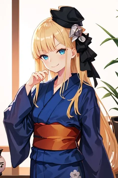best quality, masterpiece, highres, solo, {yukata:1.40}, {kimono:1.20}, {reines_fgo:1.15}, bangs, blonde_hair, long_hair, smile, hat, flower, blue_eyes, black_headwear, tilted_headwear, hair_ornament, blush, closed_mouth, hair_flower
