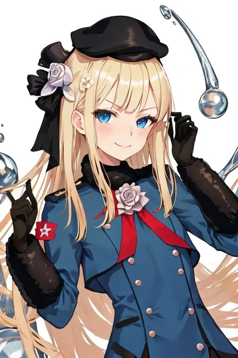 best quality, masterpiece, highres, solo, {reines_fgo:1.15}, bangs, blonde_hair, long_hair, smile, hat, flower, blue_eyes, black_headwear, tilted_headwear, hair_ornament, blush, closed_mouth, hair_flower, 1girl, brown_gloves, fur_collar, gloves, long_sleeves, looking_at_viewer, upper_body, beret, hand_up, rose