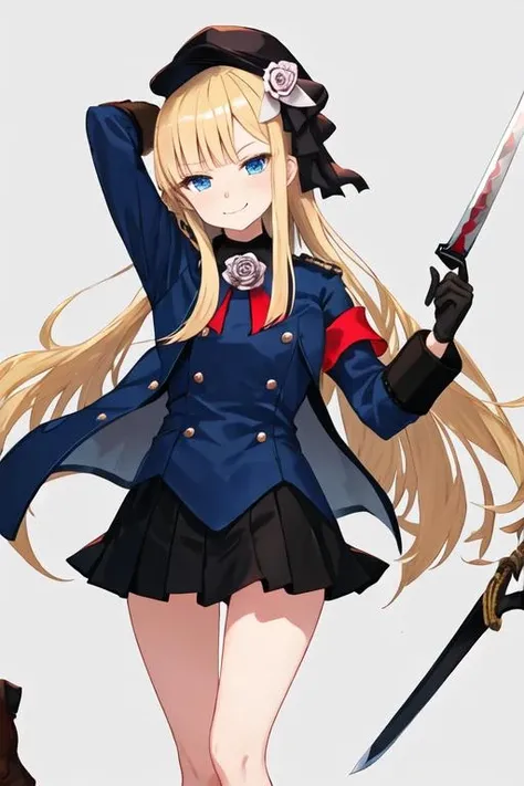 best quality, masterpiece, highres, solo, {reines_fgo:1.15}, bangs, blonde_hair, long_hair, smile, hat, flower, blue_eyes, black_headwear, tilted_headwear, hair_ornament, blush, closed_mouth, hair_flower, 1girl, jacket, long_sleeves, looking_at_viewer, white_headwear, blue_jacket, gloves, white_gloves, peaked_cap, sword, weapon, simple_background, black_skirt, rose, armband, skirt