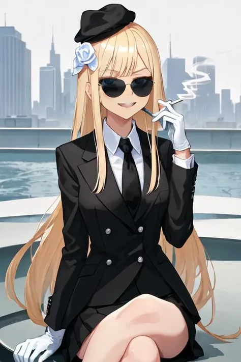 best quality, masterpiece, highres, solo, {black business suit:1.40}, {tie:1.20}, {sunglasses:1.25}, {white gloves:1.15}, {white shirt:1.10}, {black skirt:1.15}, {smoking:1.20}, handsome, {reines_fgo:1.15}, bangs, blonde_hair, long_hair, smile, hat, flower, blue_eyes, black_headwear, tilted_headwear, hair_ornament, blush, closed_mouth, hair_flower