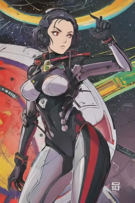 2d artwork, line artwork, comic aesthetics, 1girl, gorgeous, spacesuit mech, looking at viewer, surreal, breathtaking high-tech hardware background, line noise, ancient, retrofuturism, old comic paper, 1girl, beautiful face, spacesuit mech, short hair, red eyes, black epi-space-suit mech, earth, universe