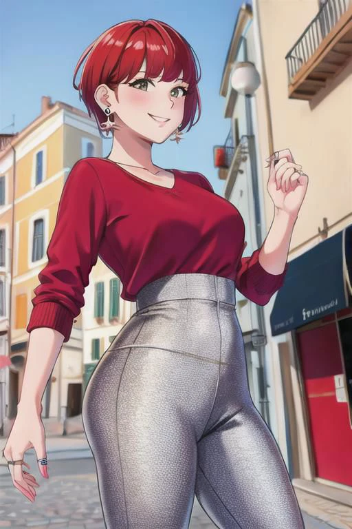 Rimini theatre in Cavour Square, upper body,1girl, Floral Leggings, ring earrings, smile, red short hair,