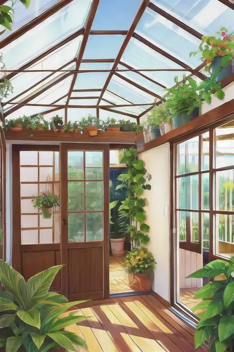 greenhouse, wide shot, (cute interior:1.5),(warm glow), plants, hanging plants, large windowessy room:1.1)