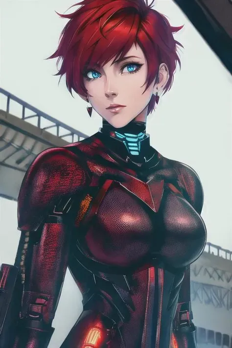 high quality, 8k, high details, high texture, upper body, monster demon 1girl, red short hair, blue eyes, beautiful face, earrings, cyborg mech berserker body of monster demon