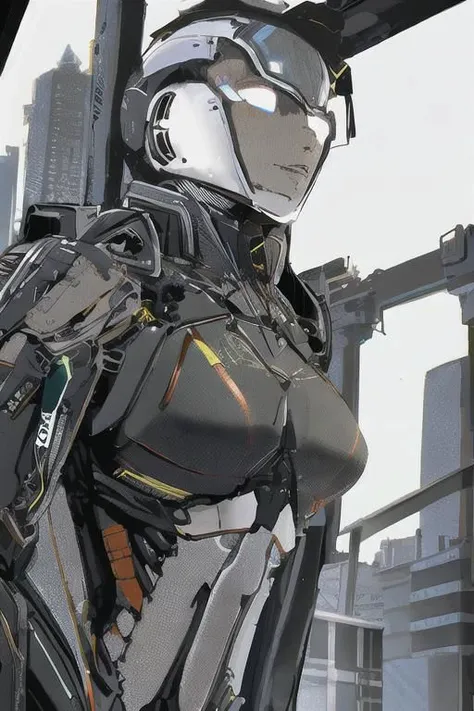 upper body, 1girl, gorgeous woman, black hard surface mech, ex-suit mech, short hair, black ex-suit mech, upper body, mechanized girl, tree, city street,