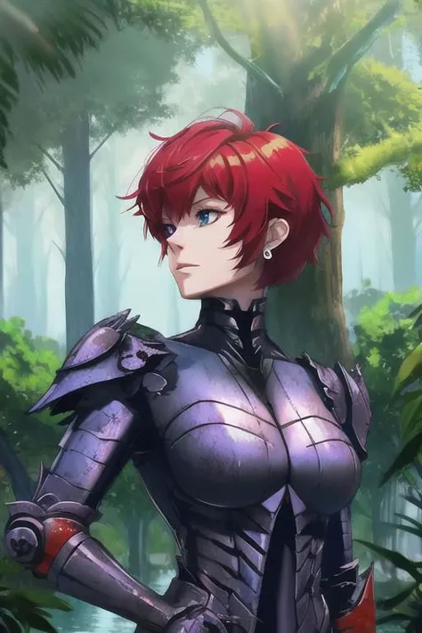 high quality, 8k, high details, high texture, upper body, monster demon 1girl, red short hair, blue eyes, beautiful face, earrings, monster demon cyborg mech berserker body of monster demon, water lake, tree canopy, sunlit, weak lights and shadows, monster demon creatives