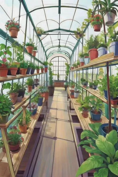 greenhouse, wide shot, (cute interior:1.5),(warm glow), plants, hanging plants, large windowessy room:1.1)