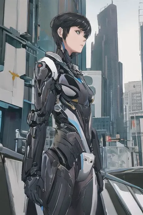 upper body, 1girl, gorgeous woman, black hard surface mech, ex-suit mech, short hair, black ex-suit mech, upper body, mechanized girl, tree, city street,