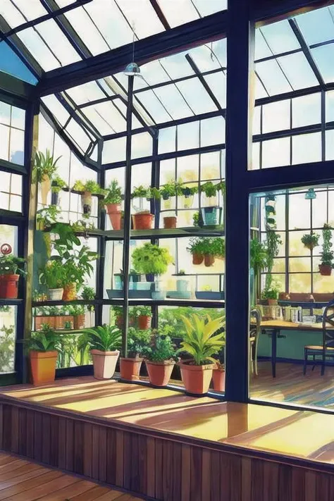 greenhouse, wide shot, (cute interior:1.5),(warm glow), plants, hanging plants, large windowessy room:1.1)