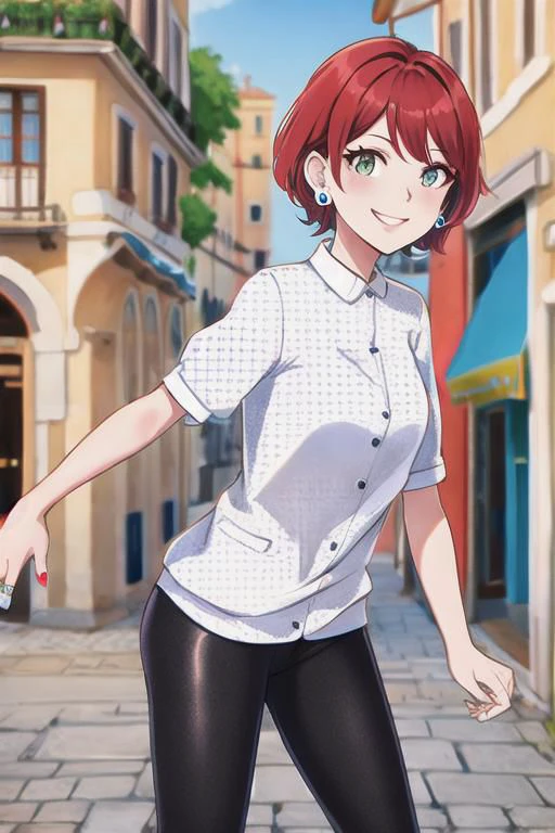 Rimini theatre in Cavour Square, upper body,1girl, patterned halftone fractal iconic floral stylish Leggings, ring earrings, smile, red short hair,