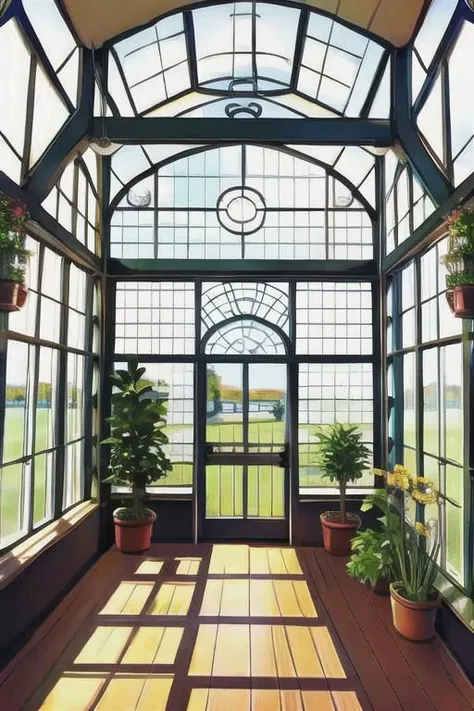 greenhouse, wide shot, (cute interior:1.5),(warm glow), plants, hanging plants, large windowessy room:1.1)