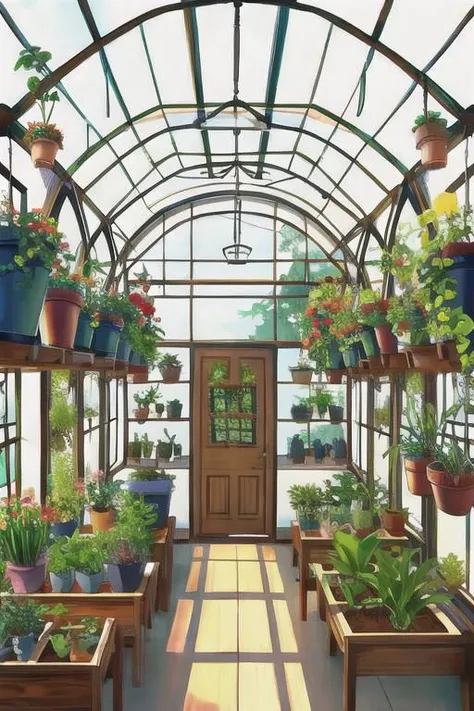 greenhouse, wide shot, (cute interior:1.5),(warm glow), plants, hanging plants, large windowessy room:1.1)