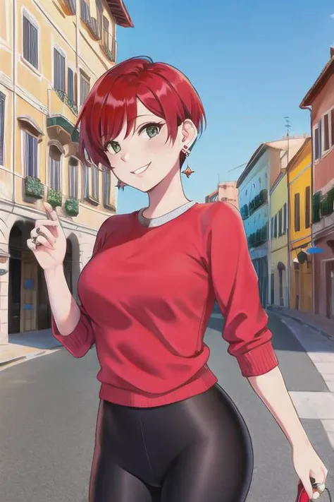 Rimini theatre in Cavour Square, upper body,1girl, patterned Leggings, ring earrings, smile, red short hair,