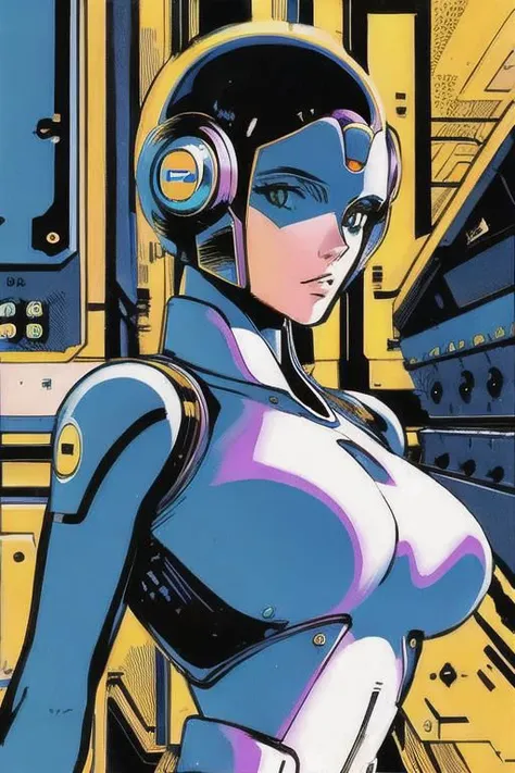 2d artwork, line artwork, comic aesthetics, (upper body:1.5), gorgeous space woman, looking at viewer, surreal, breathtaking high-tech hardware background, line noise, ancient, retrofuturism, old comic paper, minimalism,