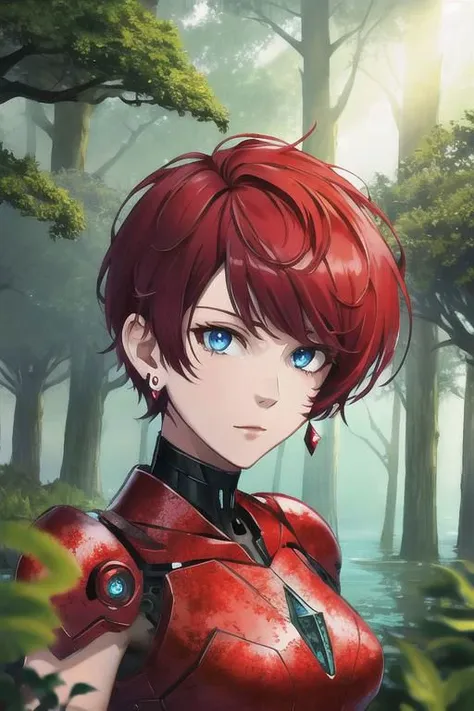 high quality, 8k, high details, high texture, upper body, monster demon 1girl, red short hair, blue eyes, beautiful face, earrings, cyborg mech berserker body of monster demon, water lake, tree canopy, sunlit, weak lights and shadows