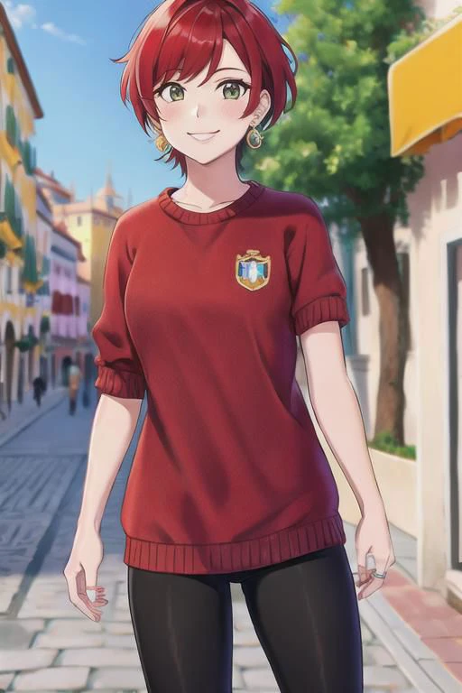 Rimini theatre in Cavour Square, upper body,1girl, flower sweater leggings, ring earrings, smile, red short hair,