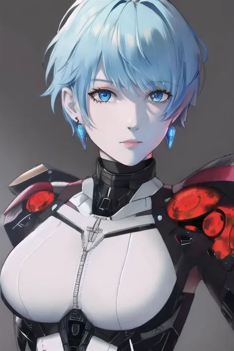 high quality, 8k, high details, high texture, upper body, monster demon 1girl, red short hair, blue eyes, beautiful face, earrings, cyborg mech berserker body of monster demon