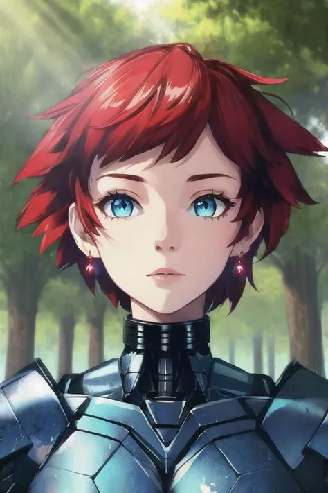 high quality, 8k, high details, high texture, upper body, monster demon 1girl, red short hair, blue eyes, beautiful face, earrings, cyborg mech berserker body of monster demon, water lake, tree canopy, sunlit, weak lights and shadows