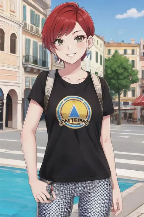 Rimini theatre in Cavour Square, upper body,1girl, patterned halftone floral stylish Leggings, ring earrings, smile, red short hair,