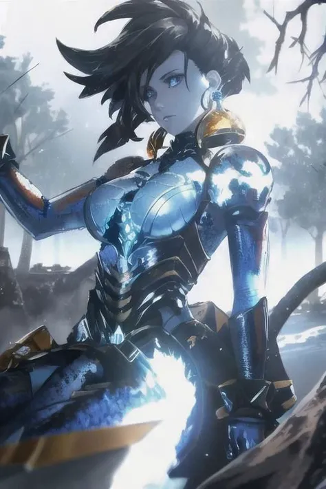 high quality, 8k, high details, high texture, upper body, monster demon 1girl, red short hair, blue eyes, beautiful face, earrings, cyborg mech berserker body of monster demon, water lake, tree canopy, sunlit, weak lights and shadows