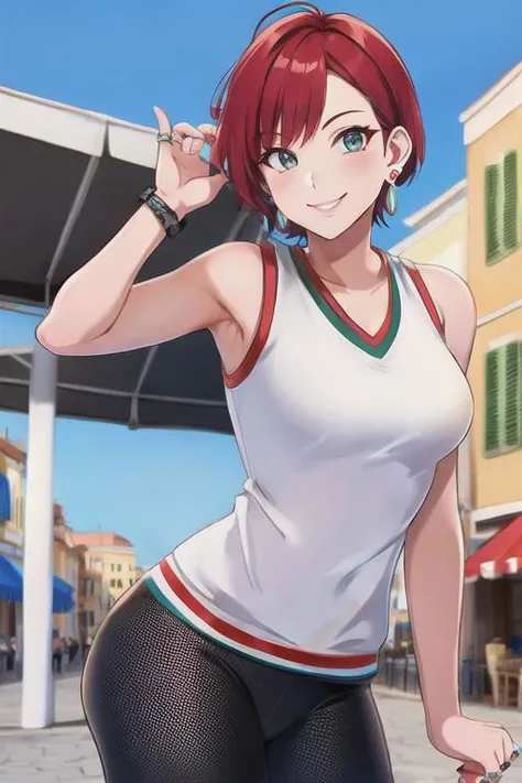 Rimini theatre in Cavour Square, upper body,1girl, Halftone Leggings, ring earrings, smile, red short hair,