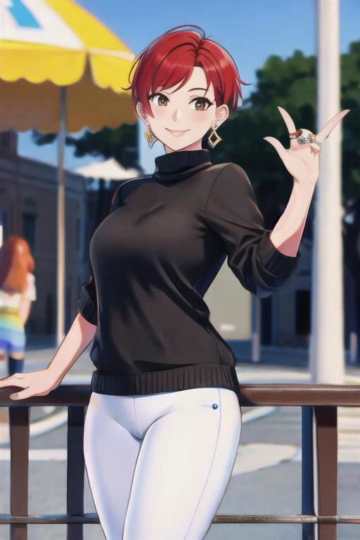 Rimini theatre in Cavour Square, upper body,1girl, patterned Leggings, ring earrings, smile, red short hair,
