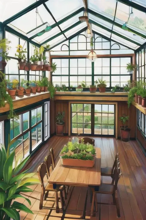 greenhouse, wide shot, (cute interior:1.5),(warm glow), plants, hanging plants, large windowessy room:1.1)