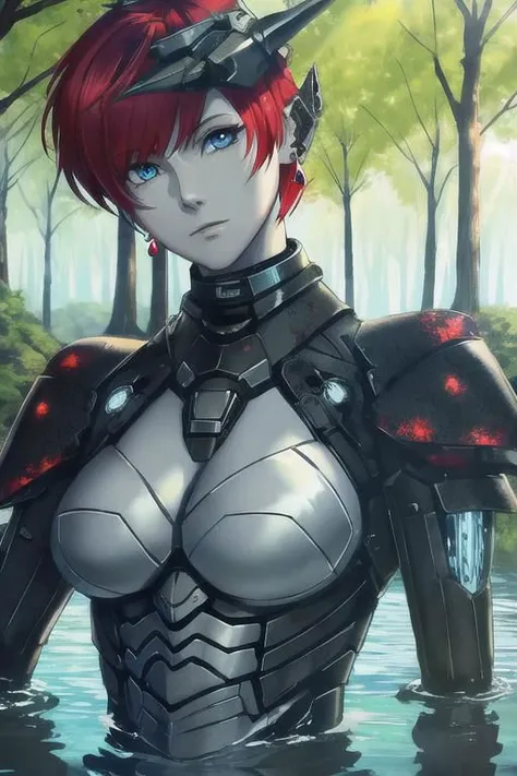 high quality, 8k, high details, high texture, upper body, monster demon 1girl, red short hair, blue eyes, beautiful face, earrings, cyborg mech berserker body of monster demon, water lake, tree canopy, sunlit, weak lights and shadows