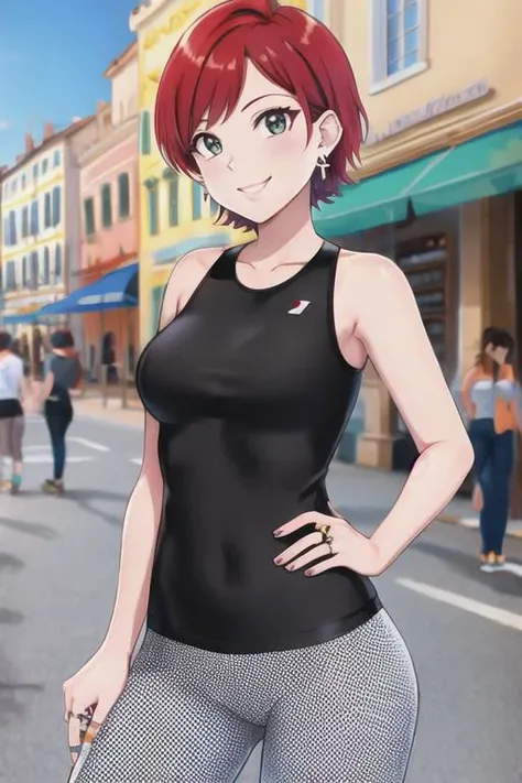 Rimini theatre in Cavour Square, upper body,1girl, Halftone Leggings, ring earrings, smile, red short hair,