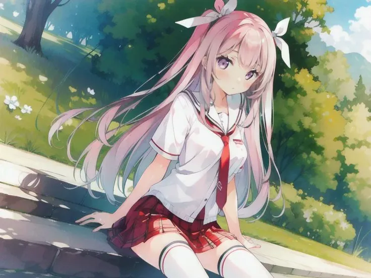 masterpiece, best quality, medium breasts, (kurumi \(kantoku\)), necktie, purple eyes, hair ribbon, white hair ribbon, long hair, pink hair, solo,school uniform, white collar shirt, short sleeves, red bow, plaid, pleated skirt, red skirt, (black)_thighhighs, loafers, outdoors, slightly high-level shot, zettai ryouiki, miniskirt, very long hair, seductive sitting, (cowboy shot:1.3), <lora:kantokuV2:0.81>