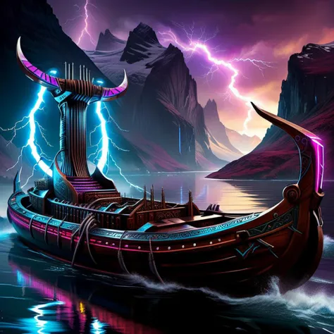<lora:CulturePunkAI_3:.4> <lora:TechPunkAIv2:.6> VikingPunkAI (TeslaPunkAI:1.1) Tesla-powered longboat in cyberpunk fjord , Highly detailed, intricate, sci-fi, Impressive lighting, vibrant colors, intricate detailed background