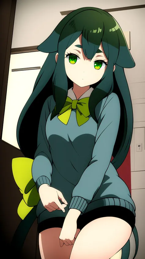 masterpiece, highly detailed, 1girl, utsutsu, green hair, green eyes, bow, sweater