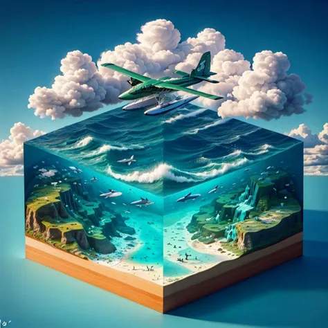 Best quality,masterpiece,ultra high res,<lora:slf2:0.65>,
shuilifang, no humans, cloud, ocean, island, day, outdoors, sky, watercraft, scenery, fish, water, blue sky, beach, tree, whale, boat, aircraft, bird, signature, ship, sand