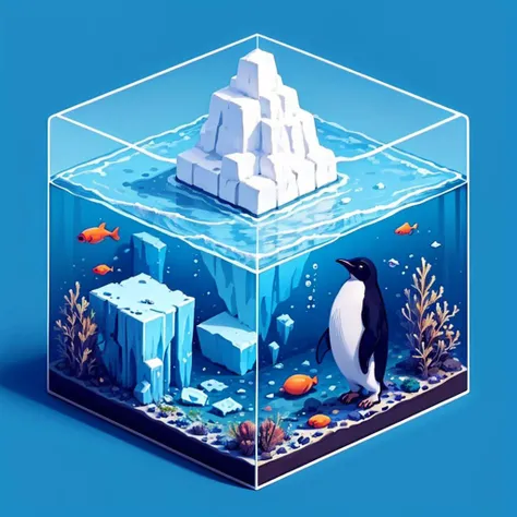 Best quality,masterpiece,ultra high res,<lora:slf2:0.6>,
shuilifang, penguin, bird, no humans, ice, bubble, fish, simple background, ice cube, aquarium, air bubble, underwater, blue background, water, seaweed, blue theme, standing, cube, whale, animal, polar bear, food, submerged