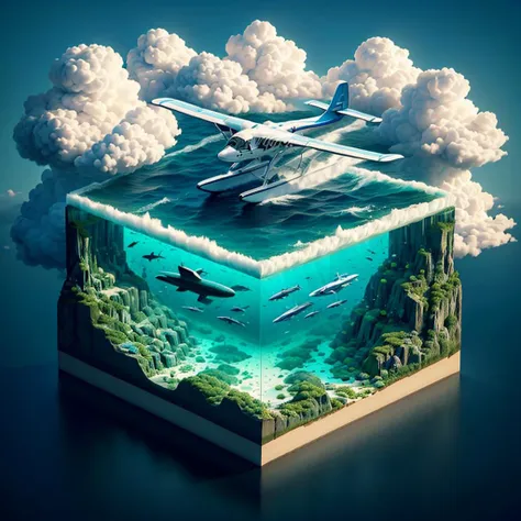 Best quality,masterpiece,ultra high res,<lora:slf2:0.65>,
shuilifang, no humans, fish, ocean, aircraft, vehicle focus, cloud, watercraft, sky, island, water, airplane, ship, day, whale, scenery, underwater, outdoors