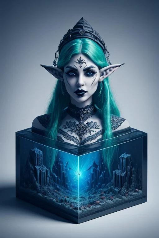 <lora:slf2:0.6> shuilifang, (gothic elf girl: 1.3), eyeliner, makeup, tattoos, two colored hair, detailed background, nebula, intricate details, masterpiece, (perfect face: 1.2) in an water cube
