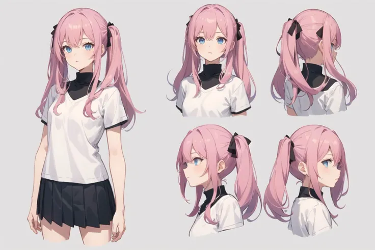 1girl, pink hair, blue eyes, casual clothes, white t-shirt, black pleated skirt, white socks, loafers, twintails, long hair, reference sheet, standing, simple background, concept art, grey background