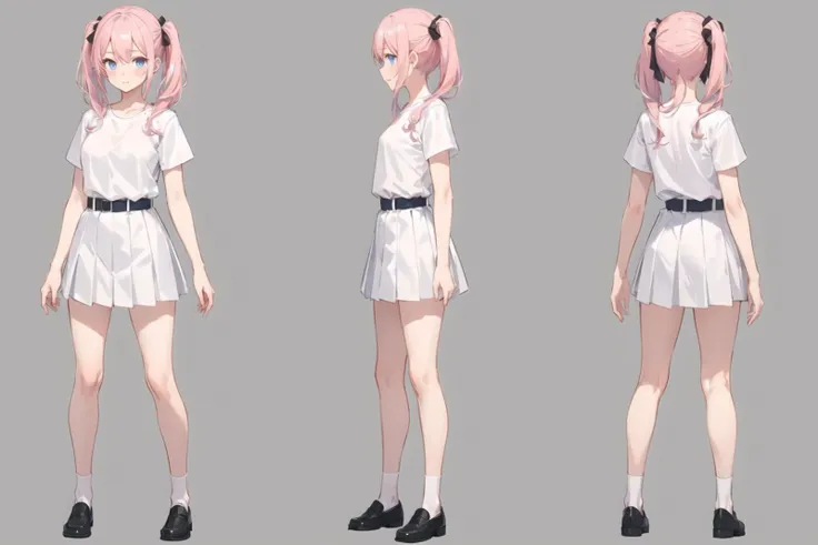 1girl, pink hair, blue eyes, casual clothes, white t-shirt, black pleated skirt, white socks, loafers, twintails, long hair, reference sheet, standing, simple background, concept art, grey background