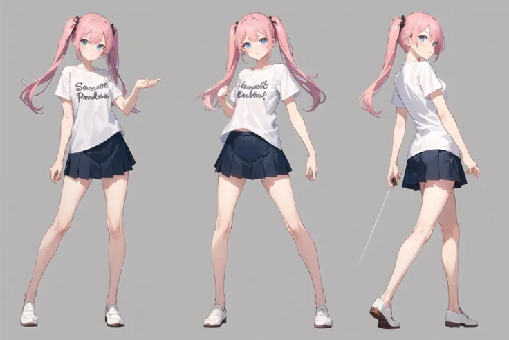 1girl, pink hair, blue eyes, casual clothes, white t-shirt, black pleated skirt, white socks, loafers, twintails, long hair, reference sheet, standing, simple background, concept art, grey background