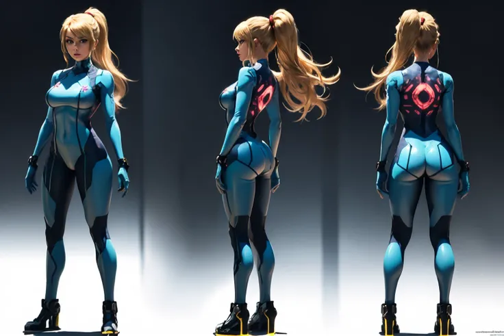 <lora:samus-nvwls-v1-final:1> 1girl, samus aran, breasts, ponytail, blue bodysuit, ass, concept art, simple background, white background