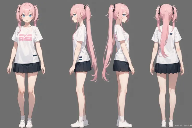 1girl, pink hair, blue eyes, casual clothes, white t-shirt, black pleated skirt, white socks, loafers, twintails, long hair, reference sheet, standing, simple background, concept art, grey background