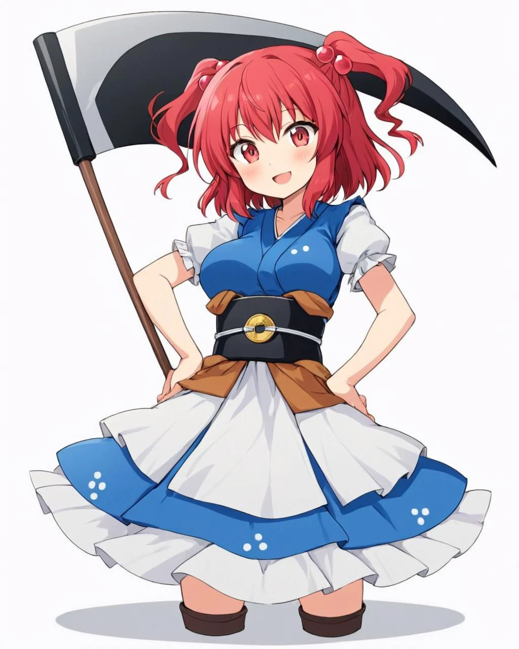 onozuka komachi,1girl, solo, hair_bobbles, open_mouth, two_side_up, scythe, white_background, simple_background, hands_on_hips, blush, looking_at_viewer, puffy_short_sleeves, obi, dress, smile, standing, breasts, coin
<lora:onozuka_komachi_image2870_2023-12-14-000008:1>,star-shaped_pupils,symbol-shaped_pupils,. gorgeous,key visual, vibrant, studio anime,award-winning, professional, highly detailed,high budget, cinemascope