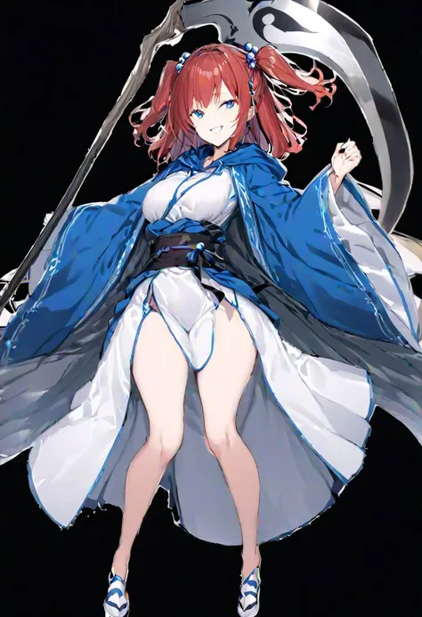 masterpiece, best quality, ultra-detailed, beautiful, nai3, 1girl, solo, full_body, tachi-e, 
onozuka_komachi_(koumajou_densetsu), solo, 1girl, red_hair, long_sleeves, white_dress, blue_cape, smile, wide_sleeves, white_dress, hair bobbles, hair ornament, blue_hood, gray_sash, scythe, two_side_up, holding_scythe, grim_reaper_girl, wearing_blue_robe, hood, boat_pole,