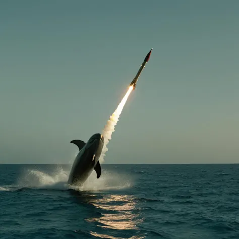 cinematic film still of <lora:Command and Conquer style v2:1>
Allies,USA,a a dolphin are playing with a rocket missile Allied Forces,Allied Army,Allied Troops,Allied Military,water,military,no humans,ocean,traditional media,realistic,aircraft,military vehicle,airplane,watercraft,vehicle focus,waves,jet,fighter jet , Command & Conquer, Red Alert style, Command and Conquer style, cold war, shallow depth of field, vignette, highly detailed, high budget, bokeh, cinemascope, moody, epic, gorgeous, film grain, grainy