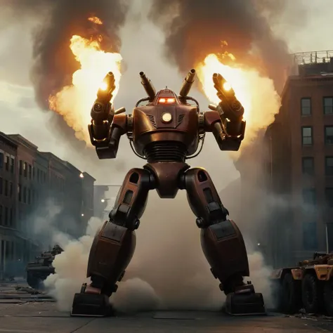 cinematic film still of  <lora:Command and Conquer style v2:1>
Rocketeer Allies,USA,a robot is attacking a building with a fire Allied Forces,Allied Army,Allied Troops,Allied Military,cloud,military,no humans,glowing,fire ,mecha,smoke,science fiction,realistic,aircraft,military, Command & Conquer, Red Alert style, Command and Conquer style, cold war, shallow depth of field, vignette, highly detailed, high budget, bokeh, cinemascope, moody, epic, gorgeous, film grain, grainy
