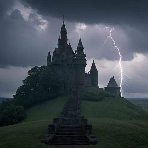 cinematic film still of  <lora:Command and Conquer style v2:1>
Allies,USA,a castle with a lot of stairs and a tower Allied Forces,Allied Army,Allied Troops,Allied Military,lighting bolt,outdoors,sky,cloud,no humans,cloudy sky,grass,building,scenery,stairs,fantasy,house,castle,lightning,tower , Command & Conquer, Red Alert style, Command and Conquer style, cold war, shallow depth of field, vignette, highly detailed, high budget, bokeh, cinemascope, moody, epic, gorgeous, film grain, grainy