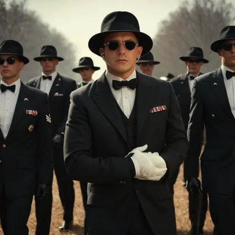 cinematic film still of <lora:Command and Conquer style v2:1>
Spy,secret agent,black suit,Allies,USA,a man in a suit and hat with a gun Allied Forces,Allied Army,Allied Troops,Allied Military,solo,simple background,shirt,gloves,long sleeves,1boy,hat,white background,bow,standing,jacket,white shirt,male focus,pants,white gloves,bowtie,sketch,black jacket,black headwear,black bow,black pants,formal,sunglasses,suit,black bowtie,top hat,traditional bowtie,tuxedo , Command & Conquer, Red Alert style, Command and Conquer style, cold war, shallow depth of field, vignette, highly detailed, high budget, bokeh, cinemascope, moody, epic, gorgeous, film grain, grainy