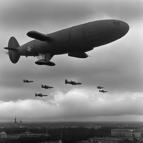 cinematic film still of <lora:Command and Conquer style v2:1>
Union of Soviet Socialist Republics,Soviet,a group of kirov flying through a cloudy sky Soviet Forces,Soviet Army,Soviet Troops,Soviet Military,Kirov airship,sky,cloud,military,no humans,letterboxed,flying,aircraft,airplane,vehicle focus,world war ii,propeller , Command & Conquer, Red Alert style, Command and Conquer style, cold war, shallow depth of field, vignette, highly detailed, high budget, bokeh, cinemascope, moody, epic, gorgeous, film grain, grainy